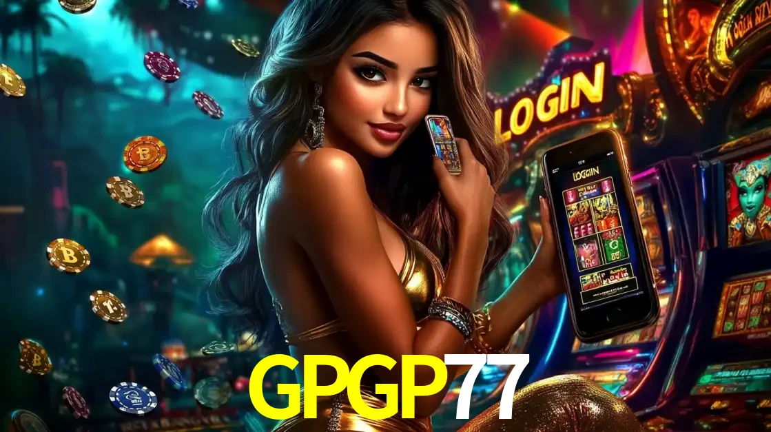 Mulher em um cenário de cassino temático de aventura, mostrando o app de caça-níqueis da GPGP77 no celular. Fichas de apostas flutuam ao redor.