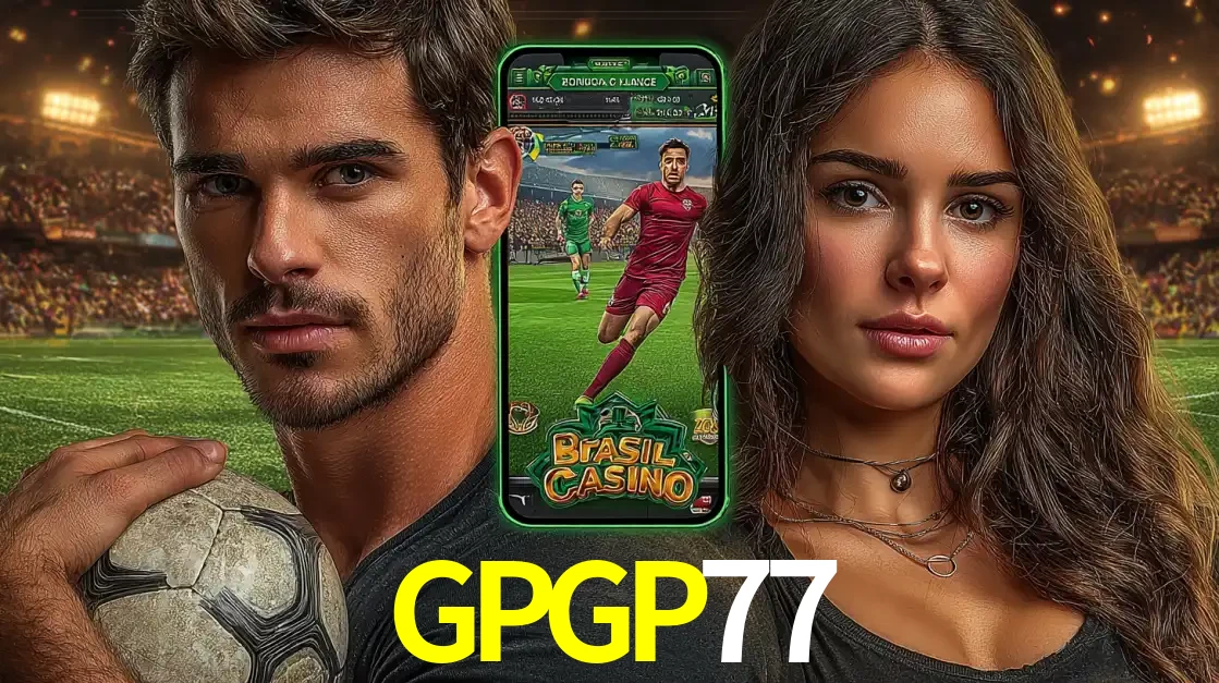 Homem segurando uma bola de futebol e uma mulher ao lado de um smartphone exibindo o jogo de apostas esportivas da GPGP77. Faça seu palpite no cassino online.